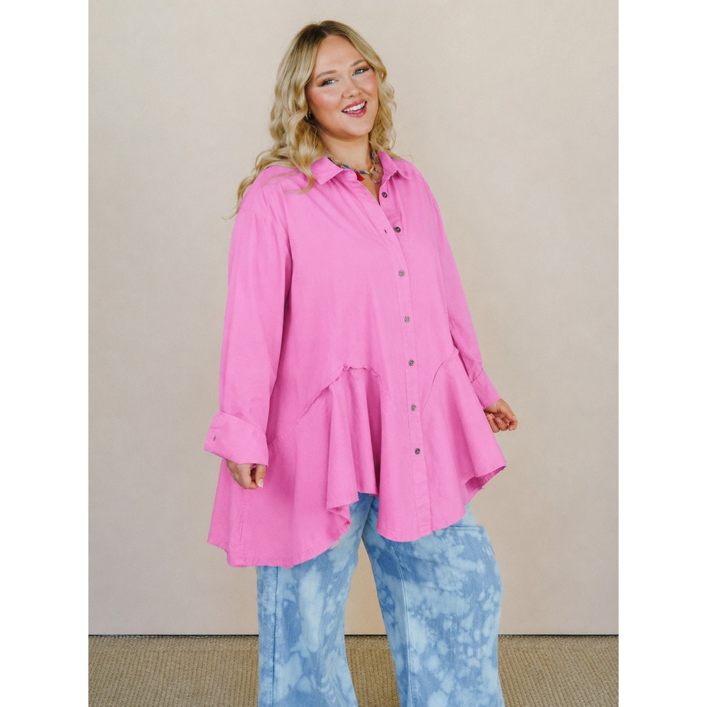 Free People Freya Cotton Poplin Tunic Top XL Button Up Pink Scarf Hem Relaxed